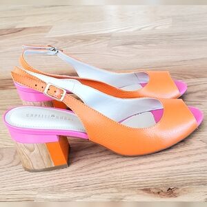 Anthropologie Capelli Rossi Pink/Orange Colorblock Open Toe Heels, Sz 38/8, EUC